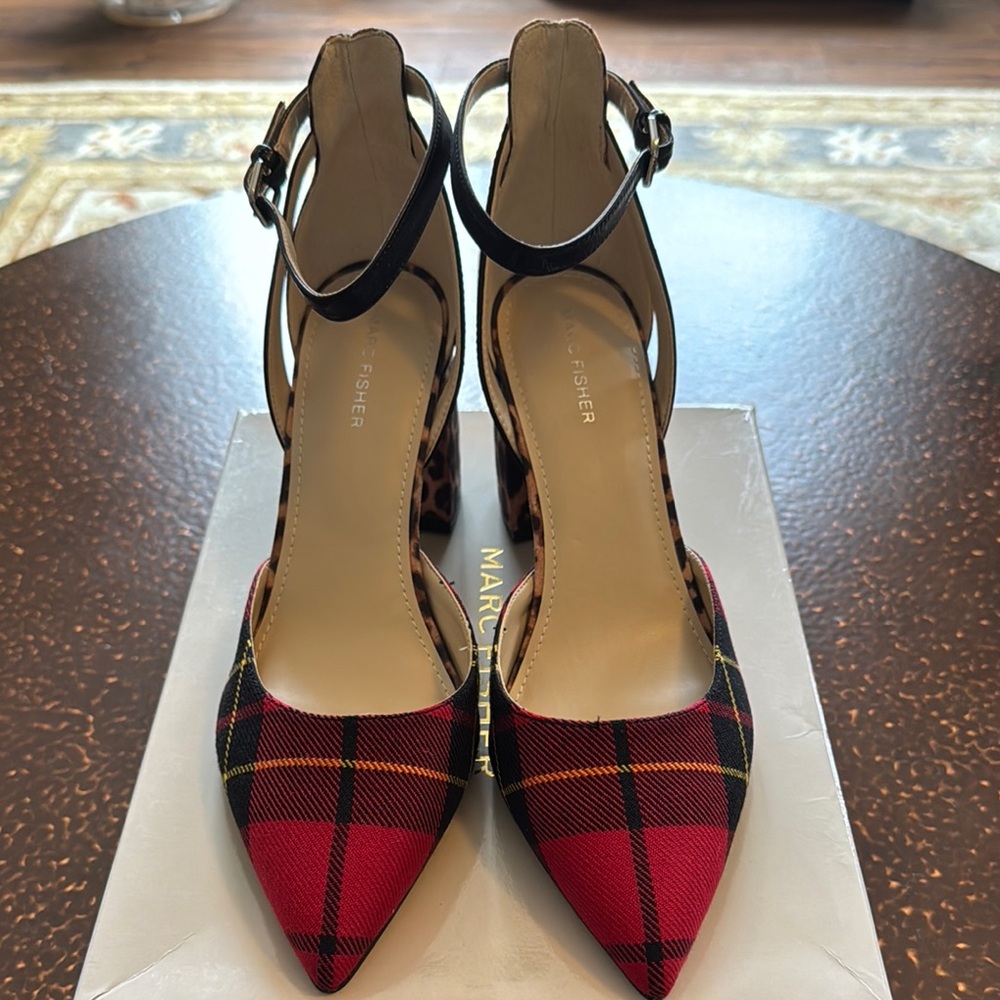 Marc Fisher Red and Black Plaid Heels